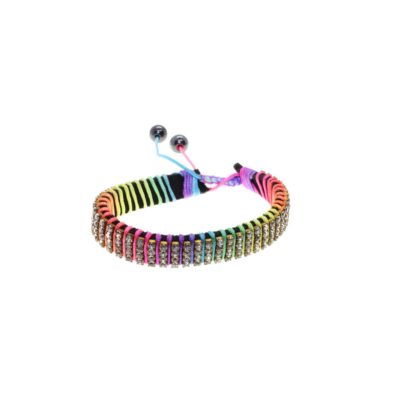 Bracelet - Rainbow Coloured Cotton/Leather and Diamante Adjustable Bracelet - ML2815