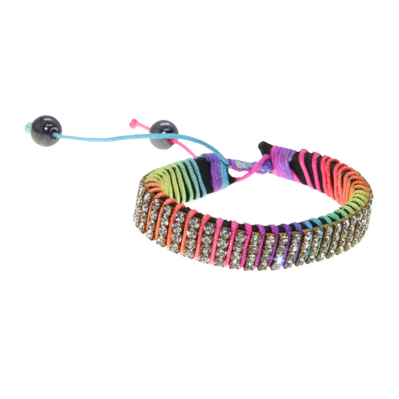 Bracelet - Rainbow Coloured Cotton/Leather and Diamante Adjustable Bracelet - ML2815