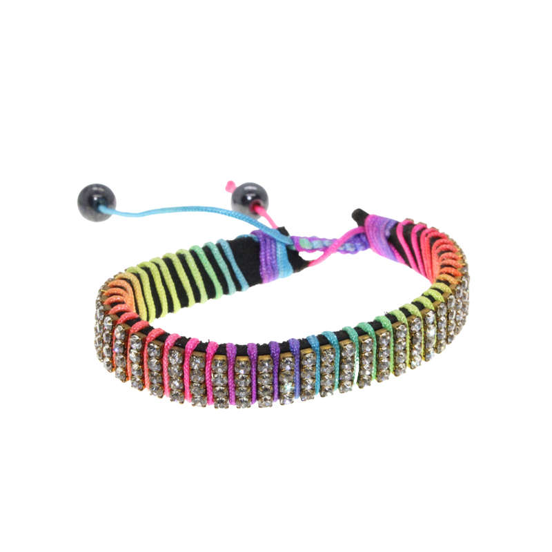Bracelet - Rainbow Coloured Cotton/Leather and Diamante Adjustable Bracelet - ML2815