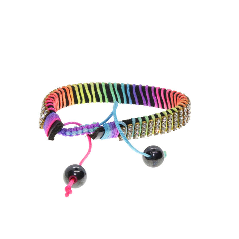 Bracelet - Rainbow Coloured Cotton/Leather and Diamante Adjustable Bracelet - ML2815