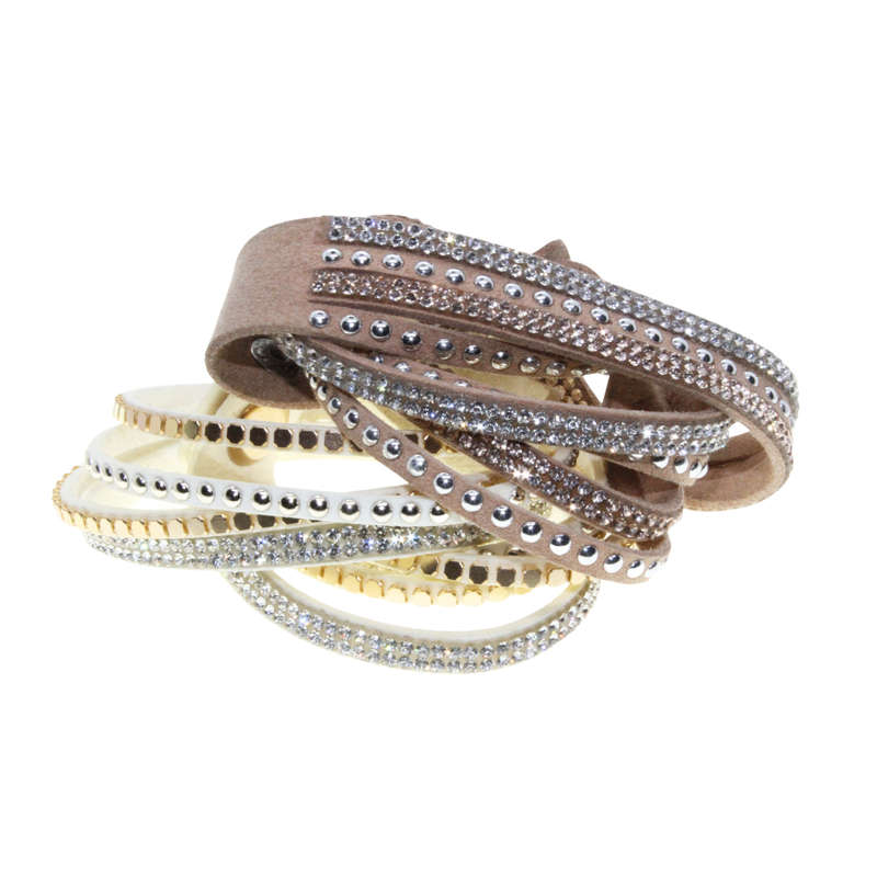 Bracelet - Suede Wrap Around Bracelets with Diamantes . One Beige One Cream - ML2816