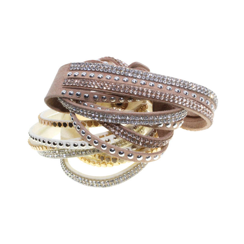 Bracelet - Suede Wrap Around Bracelets with Diamantes . One Beige One Cream - ML2816