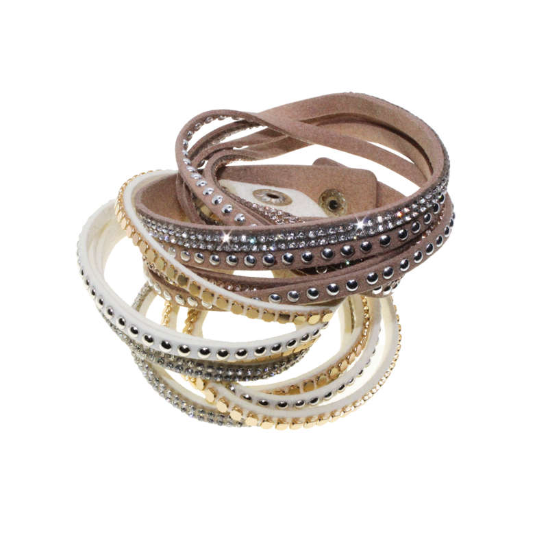 Bracelet - Suede Wrap Around Bracelets with Diamantes . One Beige One Cream - ML2816
