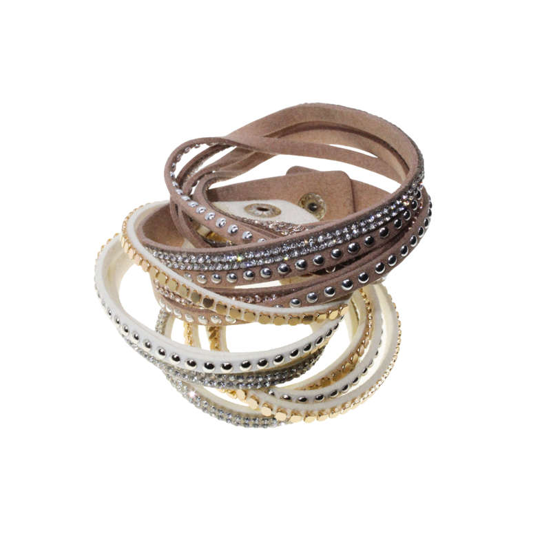 Bracelet - Suede Wrap Around Bracelets with Diamantes . One Beige One Cream - ML2816