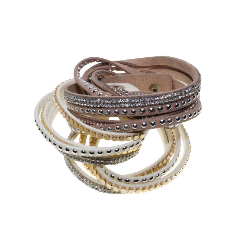 Bracelet - Suede Wrap Around Bracelets with Diamantes . One Beige One Cream - ML2816