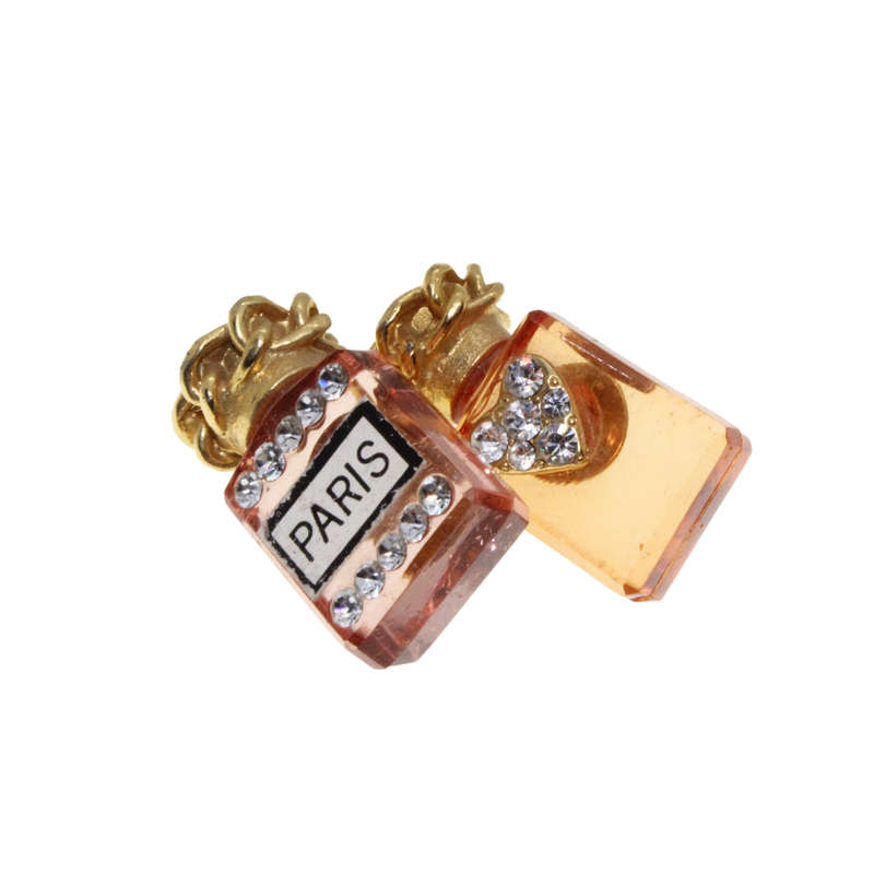 Brooch - Gold Tone Vintage Paris and Heart Perfume Bottle Pins. Clear Rhinestones - ML2823