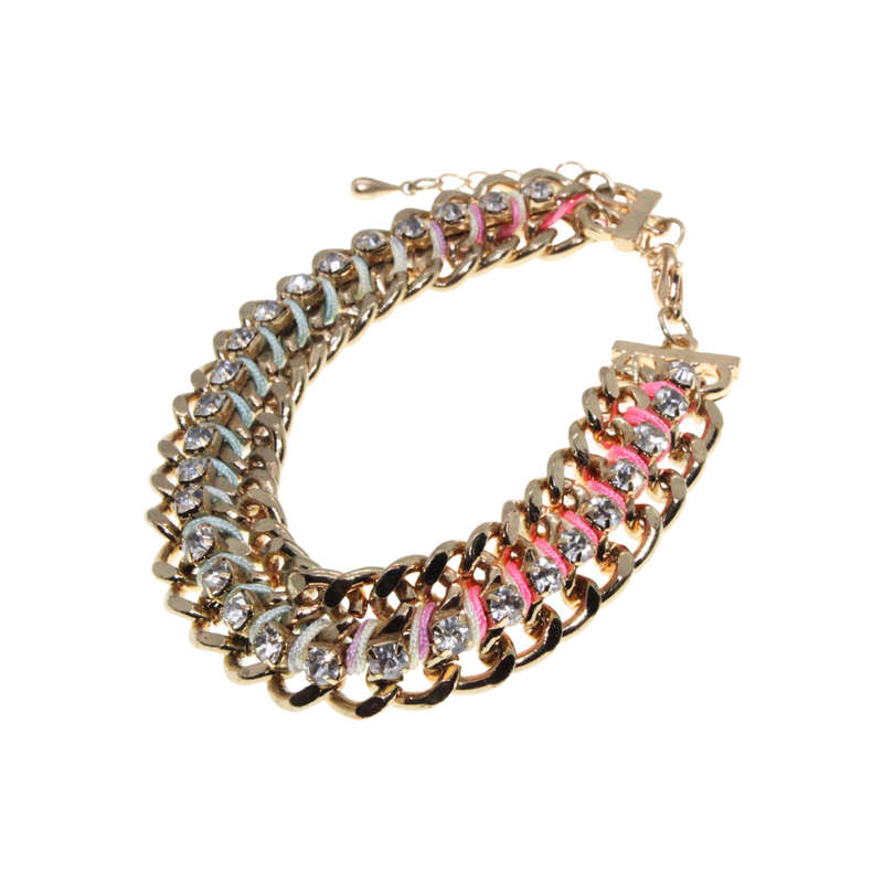 Bracelet - Gold Tone Multi Colour String intwined. Clear Rhinestones - ML2825