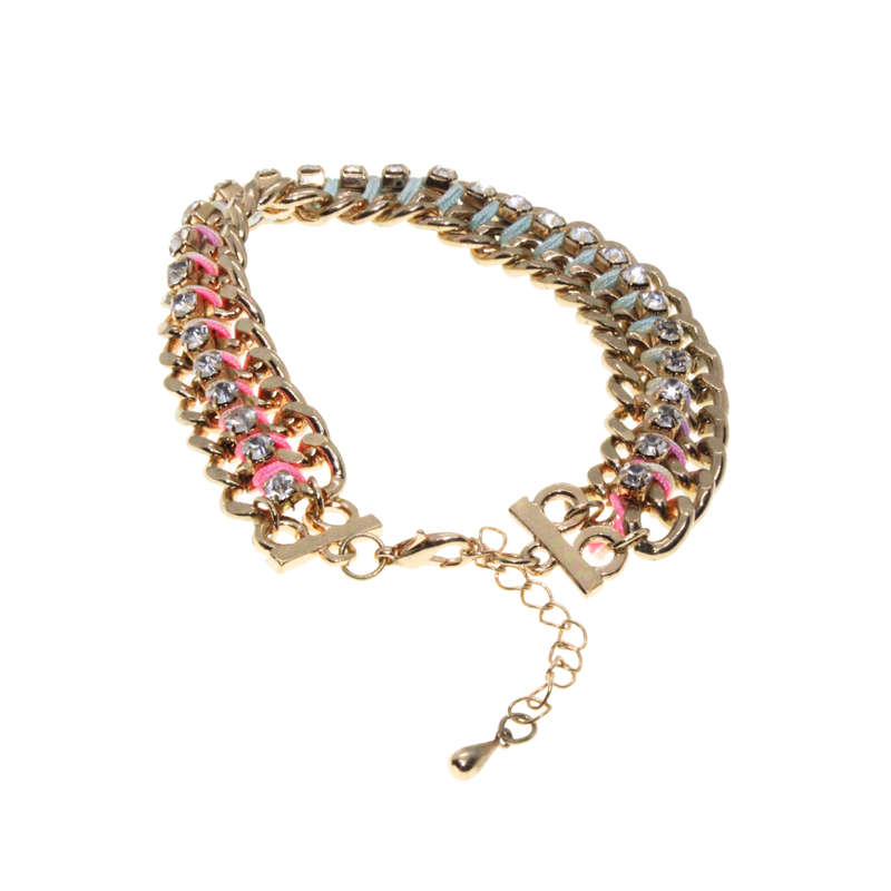 Bracelet - Gold Tone Multi Colour String intwined. Clear Rhinestones - ML2825
