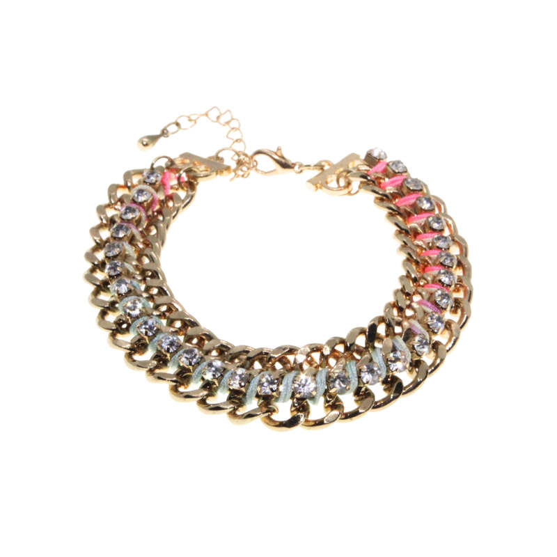 Bracelet - Gold Tone Multi Colour String intwined. Clear Rhinestones - ML2825
