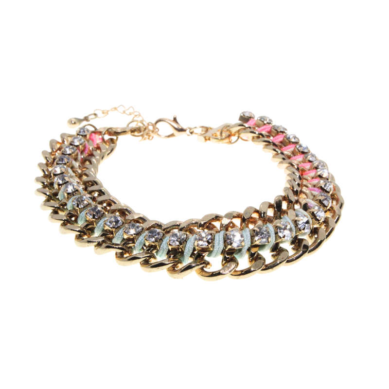 Bracelet - Gold Tone Multi Colour String intwined. Clear Rhinestones - ML2825