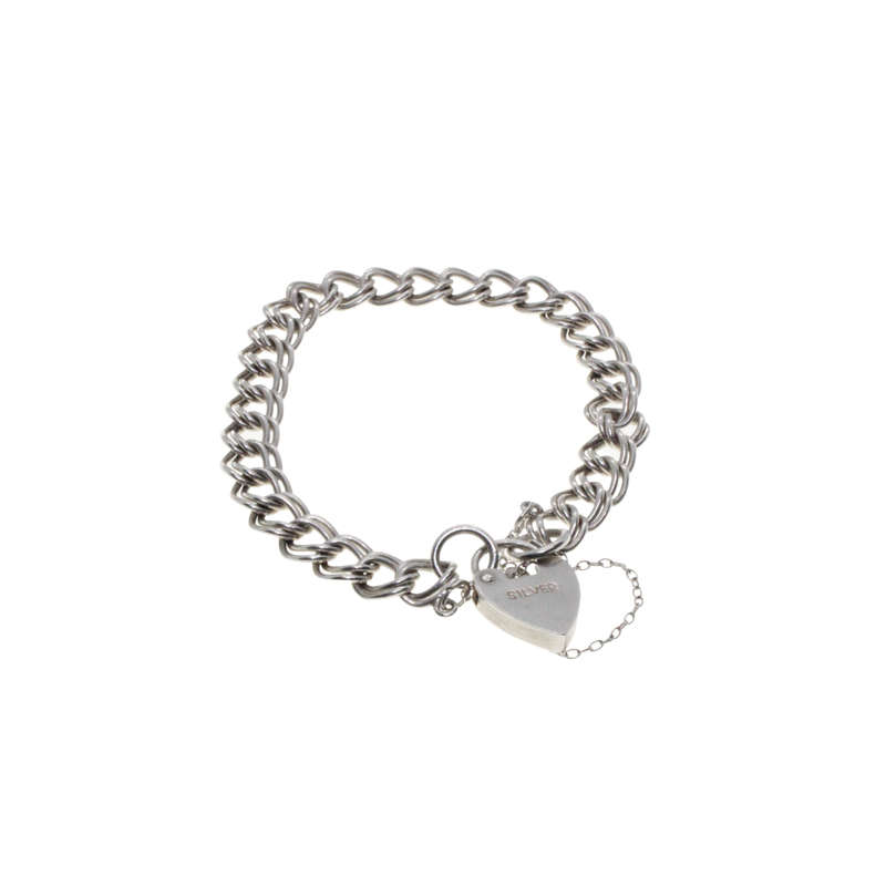 Bracelet - Silver Stamped Vintage ladies Double Curb Style Chain. Safety Chain & Locket - ML2831