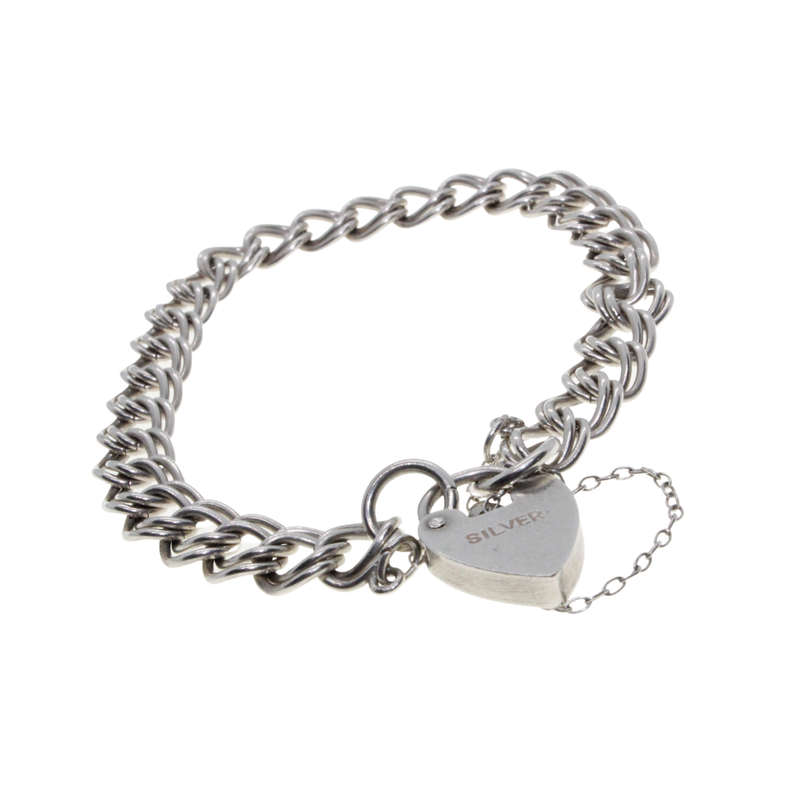 Bracelet - Silver Stamped Vintage ladies Double Curb Style Chain. Safety Chain & Locket - ML2831
