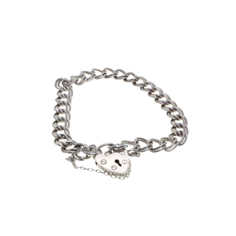 Bracelet - Silver Stamped Vintage ladies Double Curb Style Chain. Safety Chain & Locket - ML2831