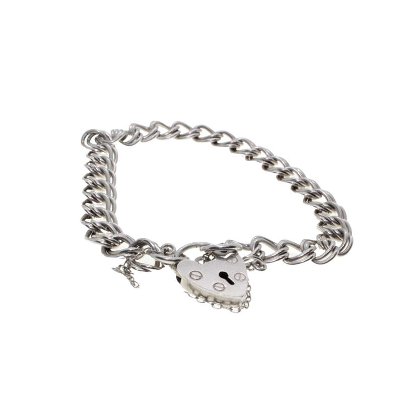 Bracelet - Silver Stamped Vintage ladies Double Curb Style Chain. Safety Chain & Locket - ML2831
