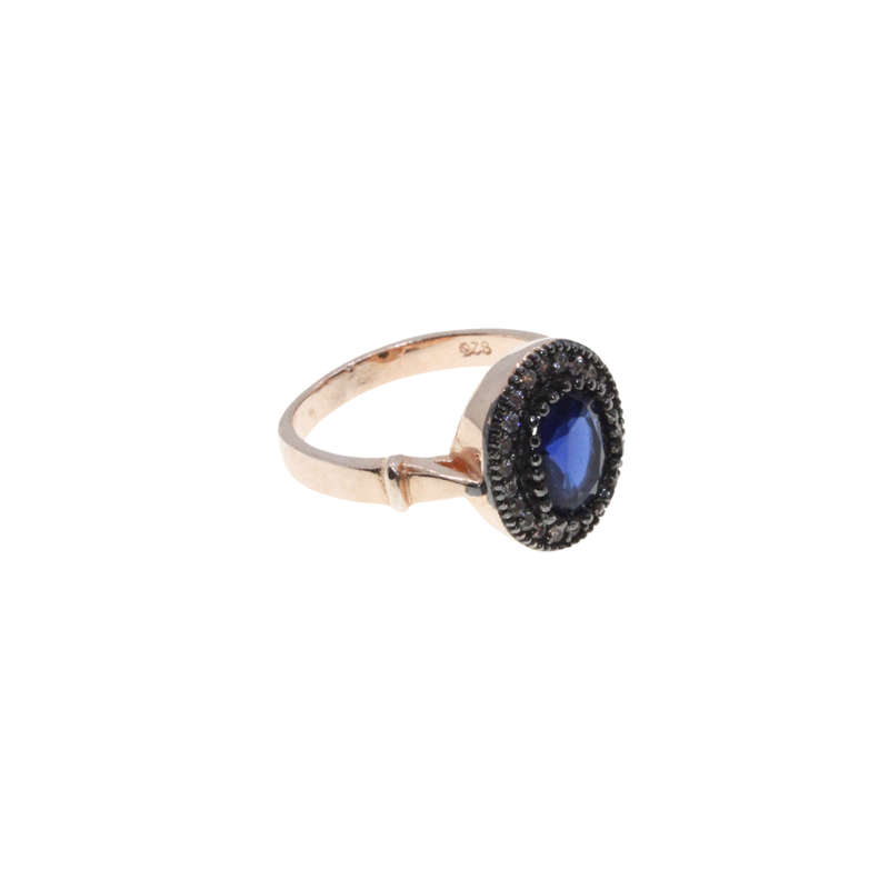 Ring - 925 Silver Princess Di Style Blue Stone surrounded by Diamantes - ML2834