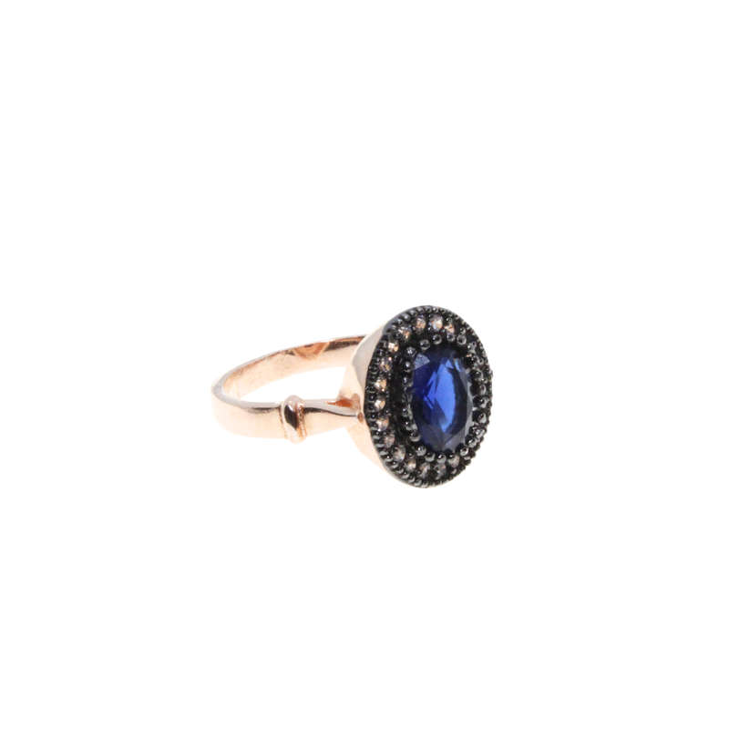 Ring - 925 Silver Princess Di Style Blue Stone surrounded by Diamantes - ML2834