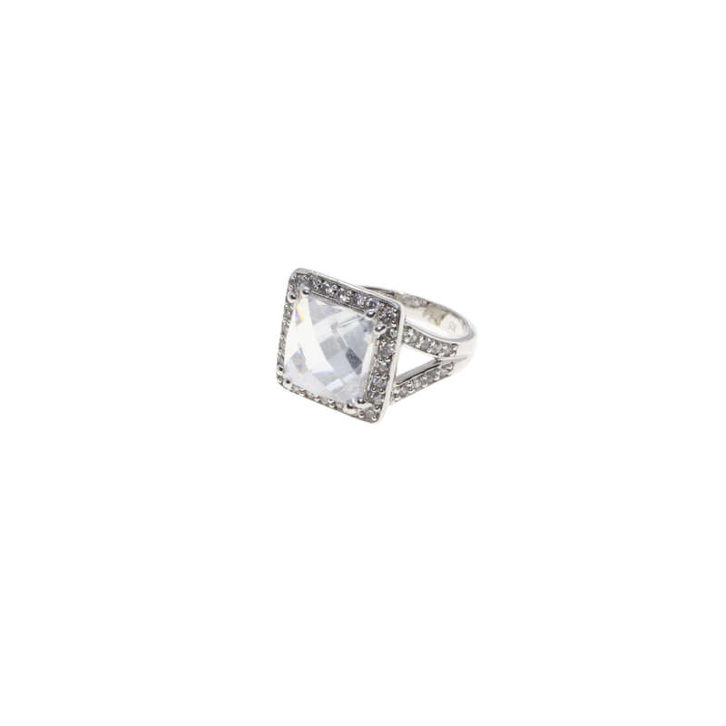 Ring - 925 Silver Stamped Band. Large Centre Stone surrounded by small Diamantes - ML2840