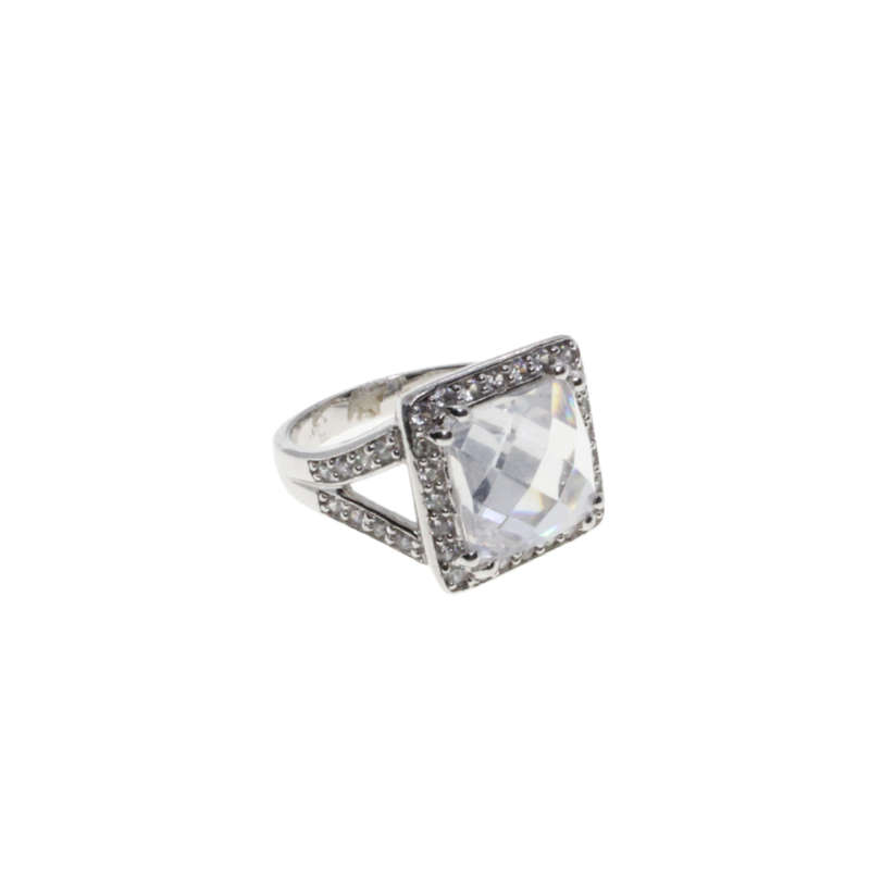 Ring - 925 Silver Stamped Band. Large Centre Stone surrounded by small Diamantes - ML2840