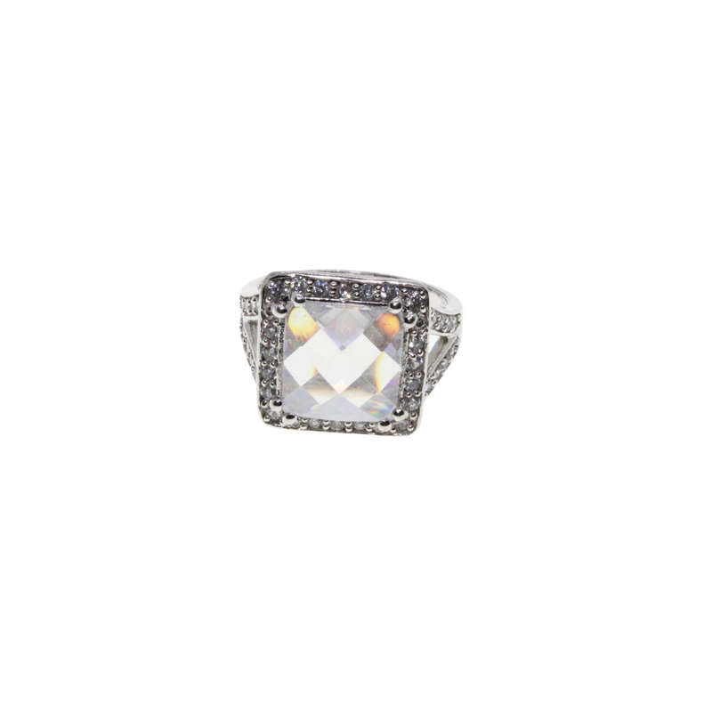 Ring - 925 Silver Stamped Band. Large Centre Stone surrounded by small Diamantes - ML2840