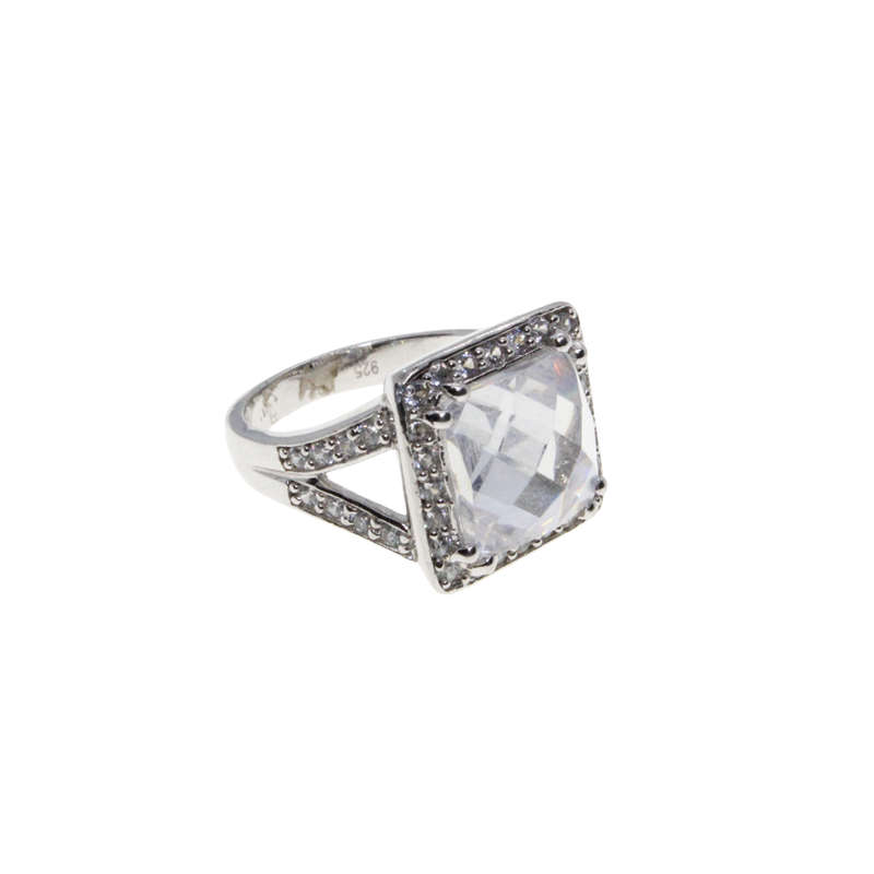 Ring - 925 Silver Stamped Band. Large Centre Stone surrounded by small Diamantes - ML2840