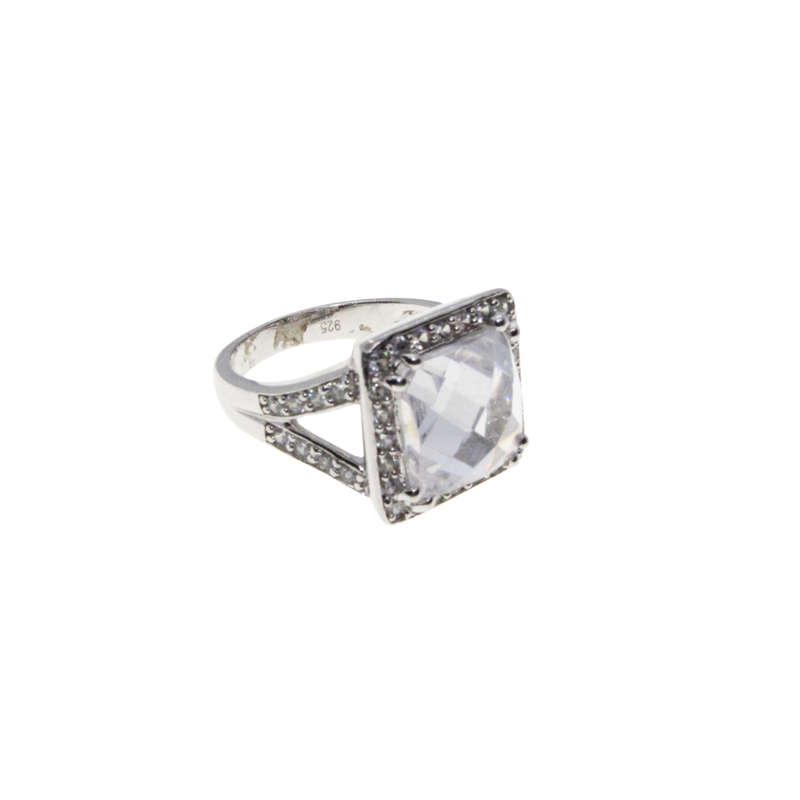 Ring - 925 Silver Stamped Band. Large Centre Stone surrounded by small Diamantes - ML2840