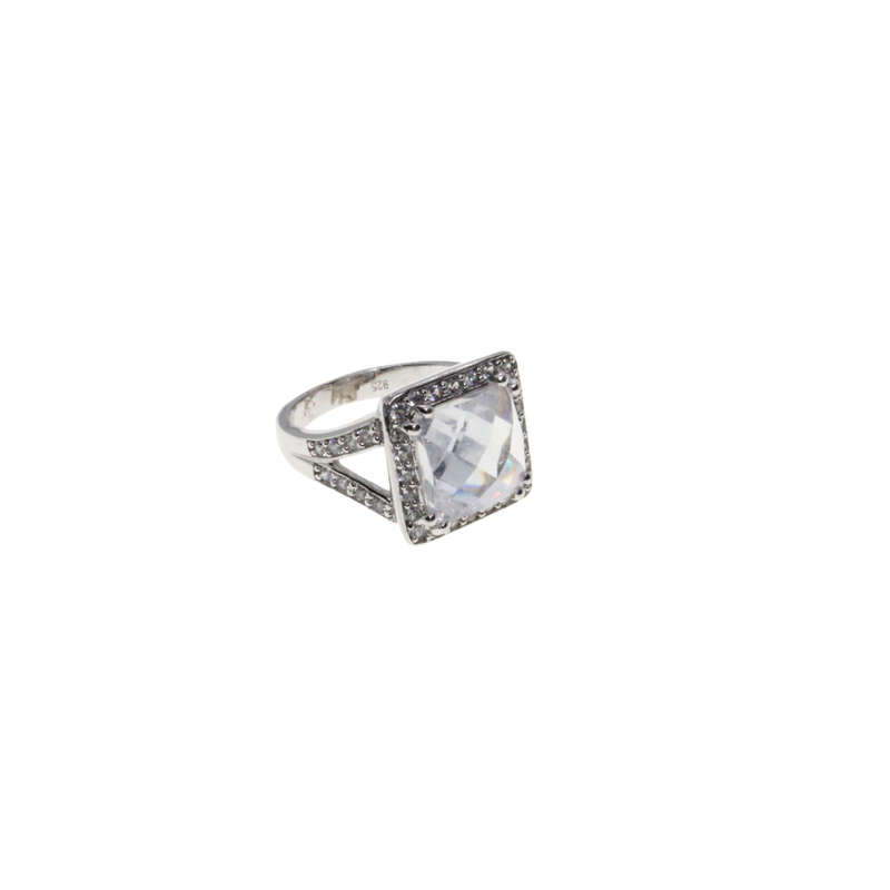 Ring - 925 Silver Stamped Band. Large Centre Stone surrounded by small Diamantes - ML2840