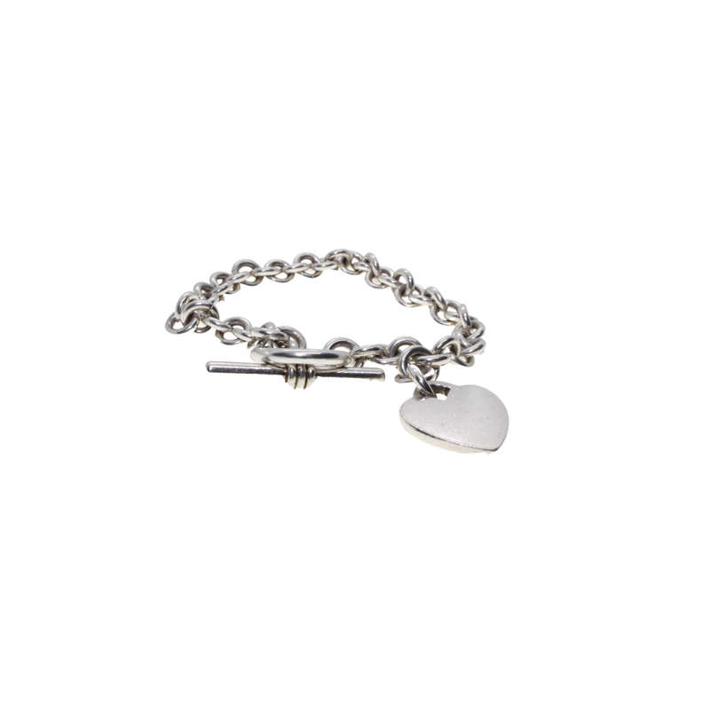 Bracelet - Silver Tone Chain with solid Heart and T Bar Clasp - ML2846