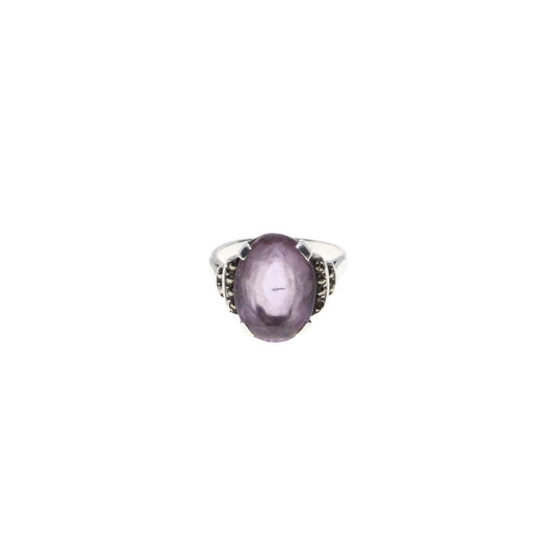 Ring - Silver stamped Vintage Amethyst Ring Oval Shape with Claws and Marcasite design. - ML2849