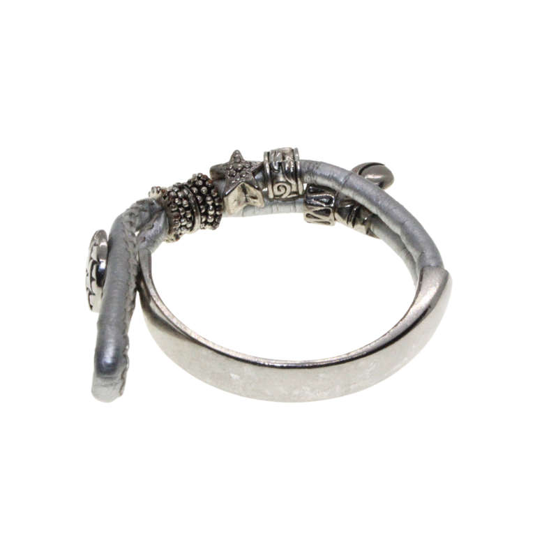 Bracelet - Metal Silver Faux Leather with silver button latch .  Silver Beads - ML2853