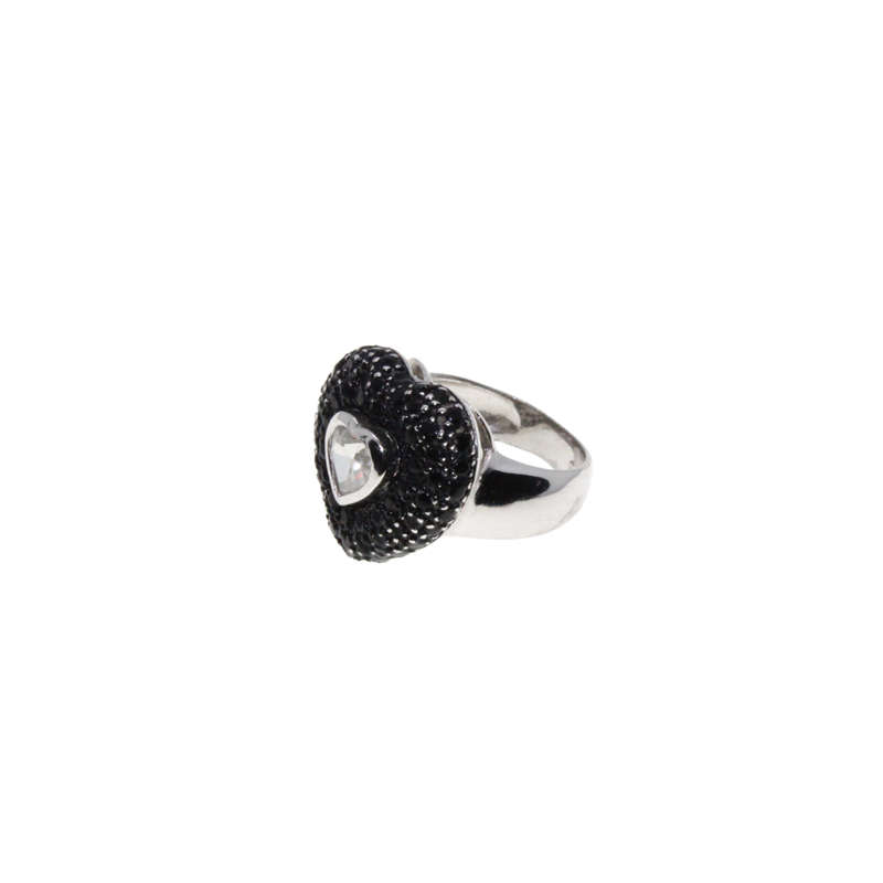 Ring - Silver Tone Heart Shape Black Marcasite Ring. Clear Heart Stone in Centre - ML2858