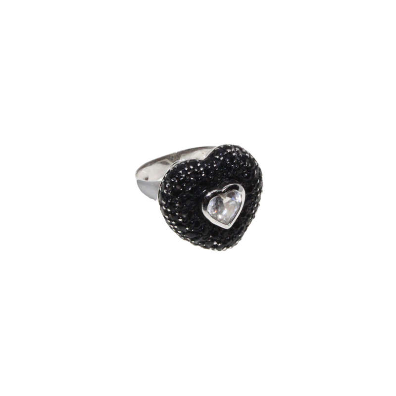Ring - Silver Tone Heart Shape Black Marcasite Ring. Clear Heart Stone in Centre - ML2858
