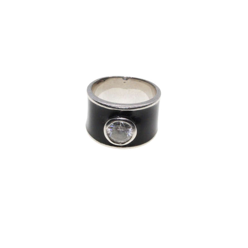Ring - 925 Silver Wide Black Enamel Ring with Silver edges. Large Diamante in Centre - ML2859