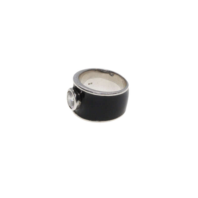 Ring - 925 Silver Wide Black Enamel Ring with Silver edges. Large Diamante in Centre - ML2859