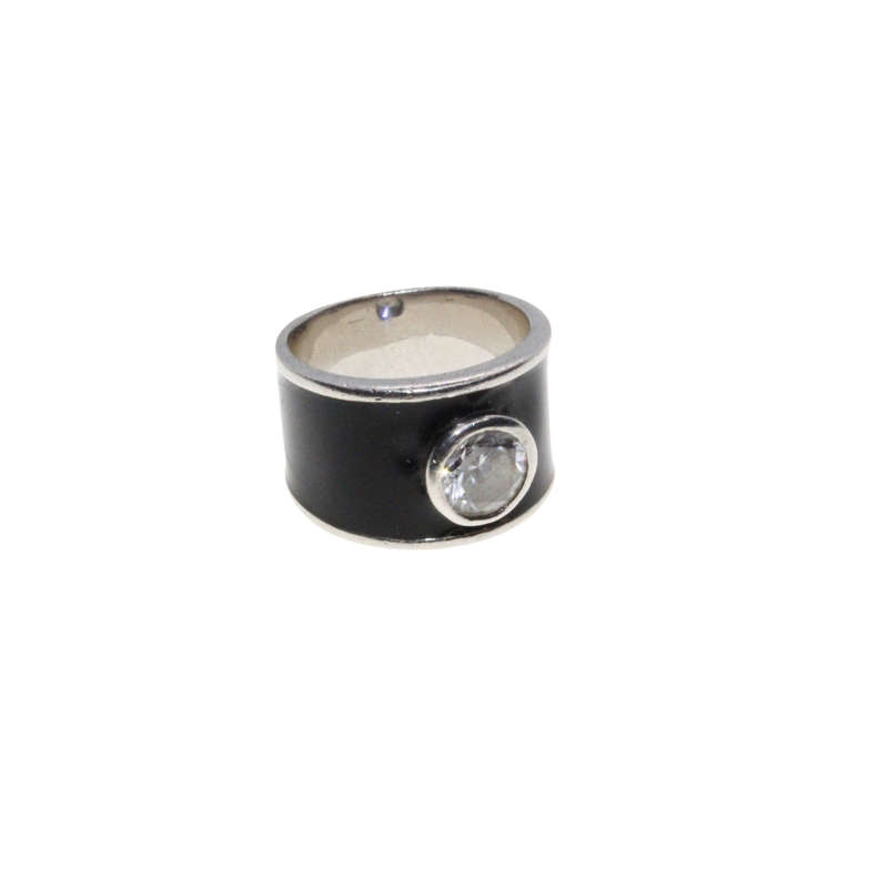 Ring - 925 Silver Wide Black Enamel Ring with Silver edges. Large Diamante in Centre - ML2859