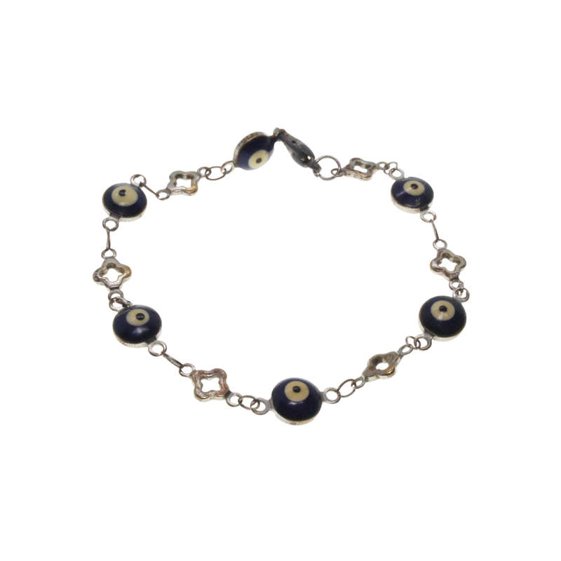Bracelet - Silver Tone Evil Eye with 4 Leaf Clover Style Links - ML2862