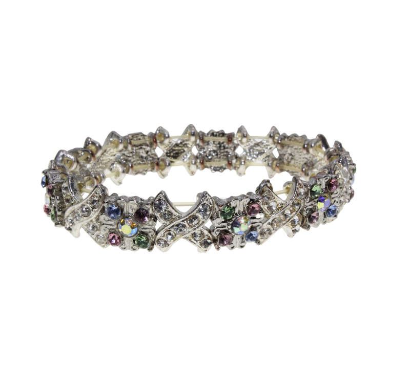 Bracelet - Silver Tone Noughts and Crosses with Floral Style Diamantes - ML2868