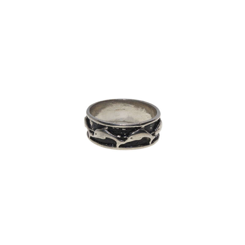Ring - Silver Tone Band Ring with Dolphins in a Black Inlay - ML2870