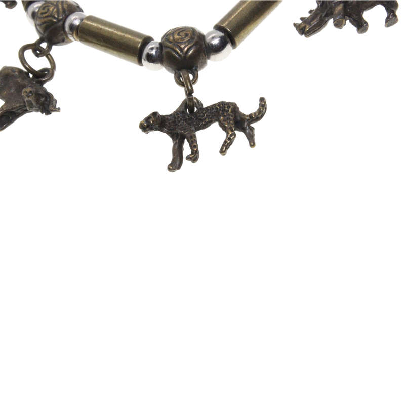 Charm Bracelet - Brass Tone African Bead Design. Big 5 Animal Charms - ML2876