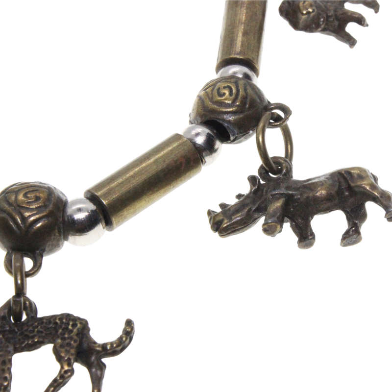 Charm Bracelet - Brass Tone African Bead Design. Big 5 Animal Charms - ML2876