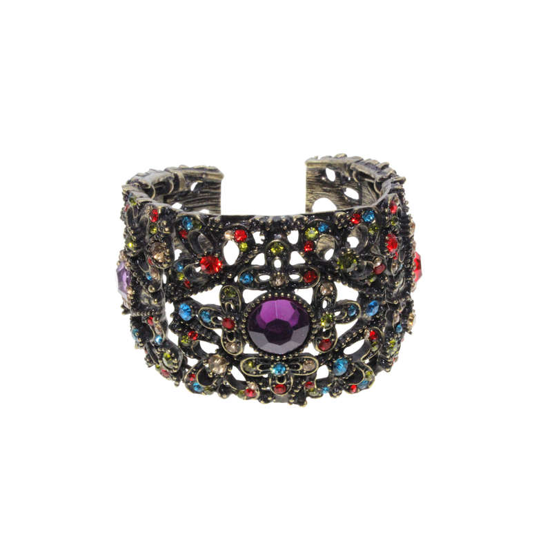 Bangle - Brass Tone Cuff Design. Mulit-Coloured Rhinestones. Large Centred Purple Rhinestone - ML...