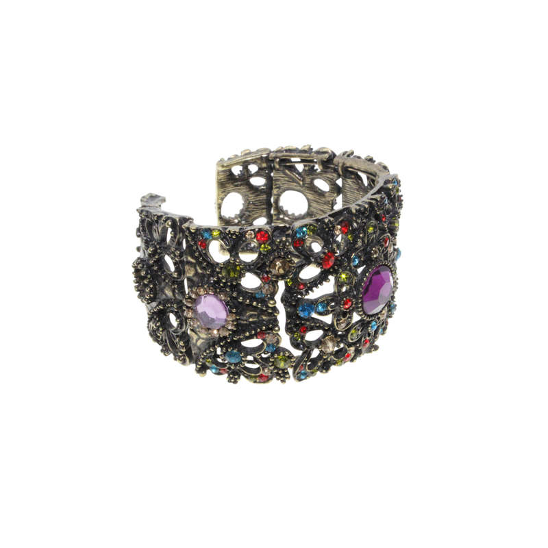 Bangle - Brass Tone Cuff Design. Mulit-Coloured Rhinestones. Large Centred Purple Rhinestone - ML...