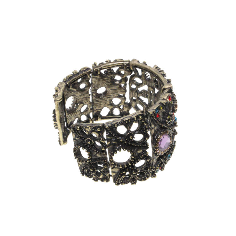 Bangle - Brass Tone Cuff Design. Mulit-Coloured Rhinestones. Large Centred Purple Rhinestone - ML...