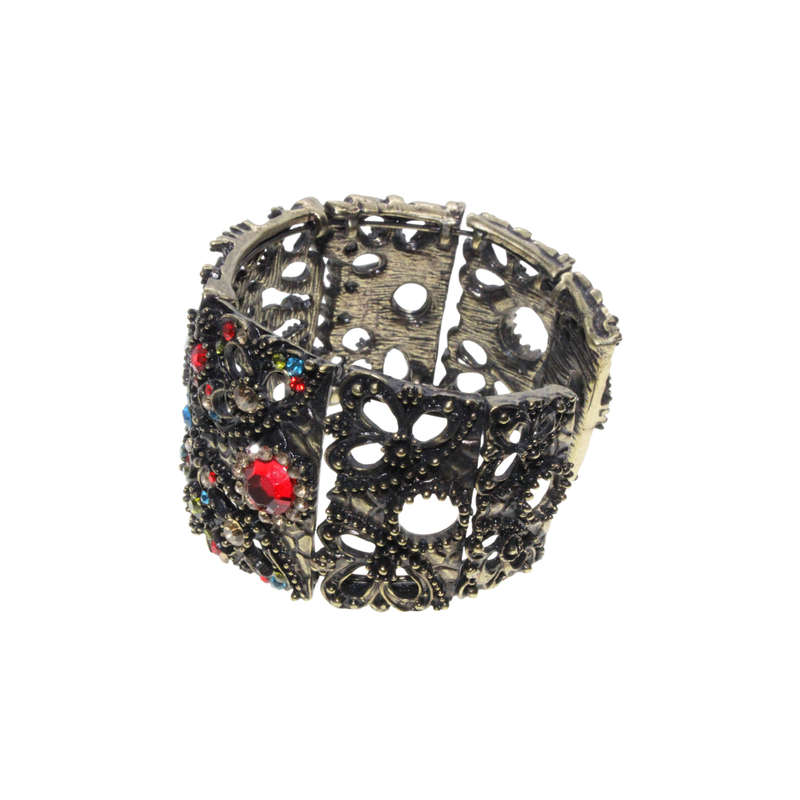 Bangle - Brass Tone Cuff Design. Mulit-Coloured Rhinestones. Large Centred Purple Rhinestone - ML...