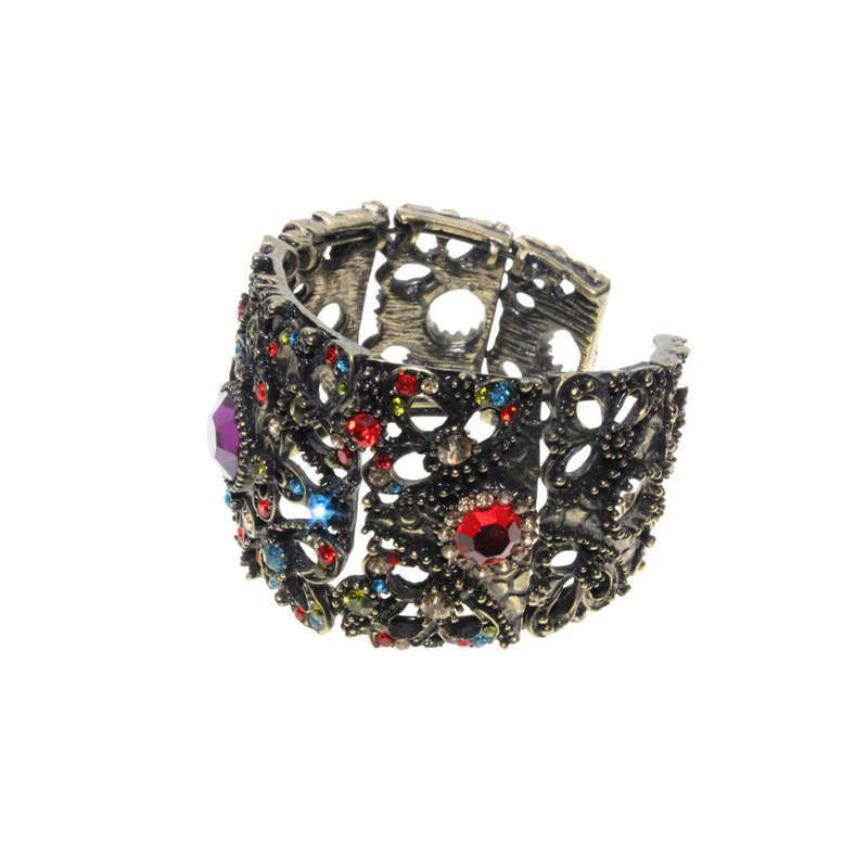 Bangle - Brass Tone Cuff Design. Mulit-Coloured Rhinestones. Large Centred Purple Rhinestone - ML...