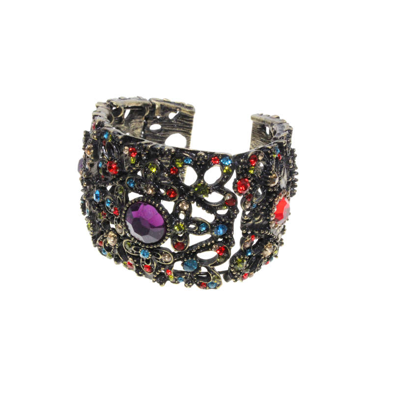 Bangle - Brass Tone Cuff Design. Mulit-Coloured Rhinestones. Large Centred Purple Rhinestone - ML...