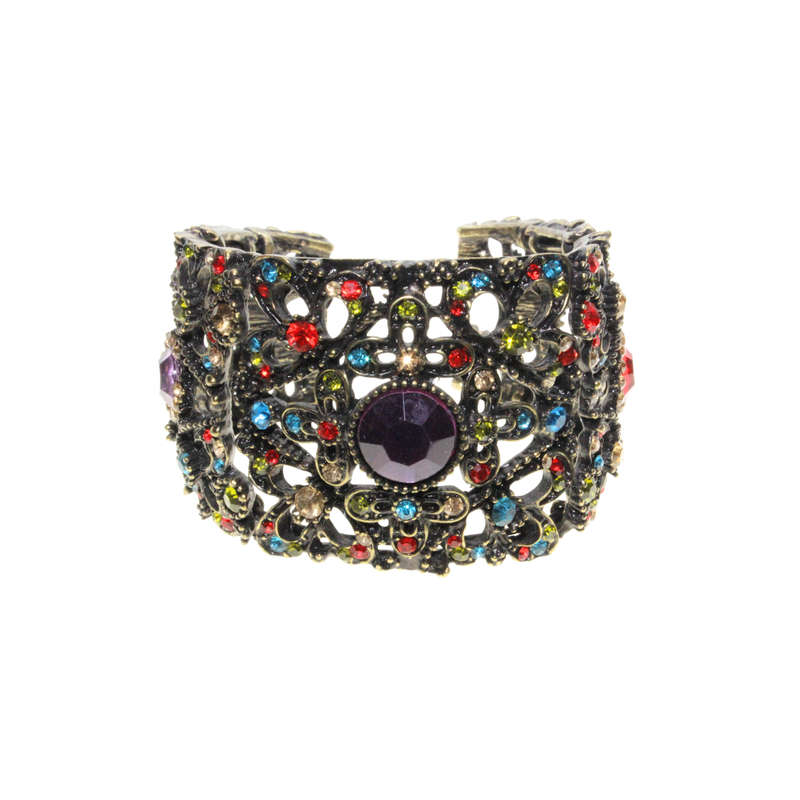Bangle - Brass Tone Cuff Design. Mulit-Coloured Rhinestones. Large Centred Purple Rhinestone - ML...