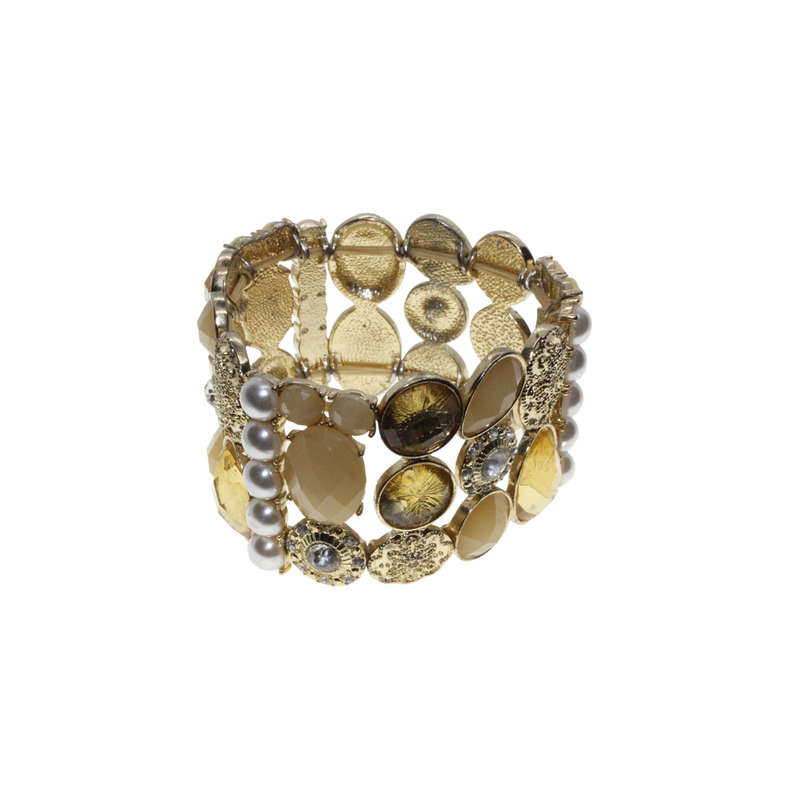 Bracelet - Gold Tone Stretch Design. Gold Tone Rhinestones and Faux Pearls. 3 Stack Design - ML2879