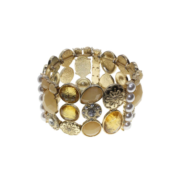 Bracelet - Gold Tone Stretch Design. Gold Tone Rhinestones and Faux Pearls. 3 Stack Design - ML2879