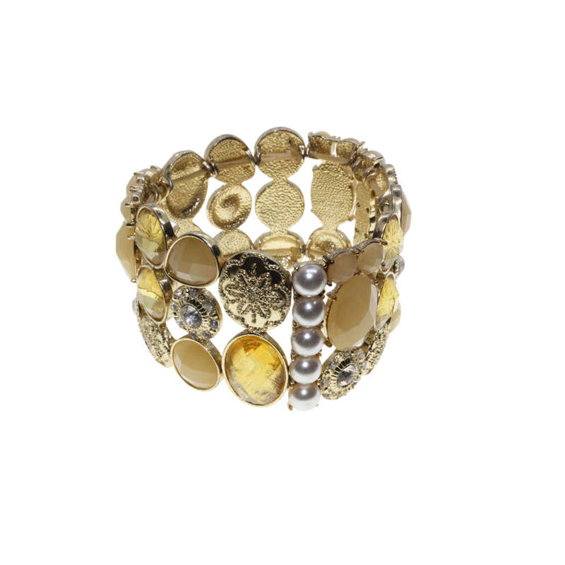 Bracelet - Gold Tone Stretch Design. Gold Tone Rhinestones and Faux Pearls. 3 Stack Design - ML2879