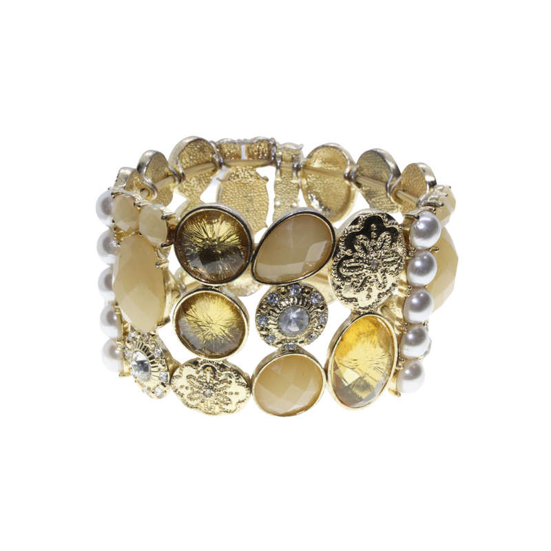 Bracelet - Gold Tone Stretch Design. Gold Tone Rhinestones and Faux Pearls. 3 Stack Design - ML2879